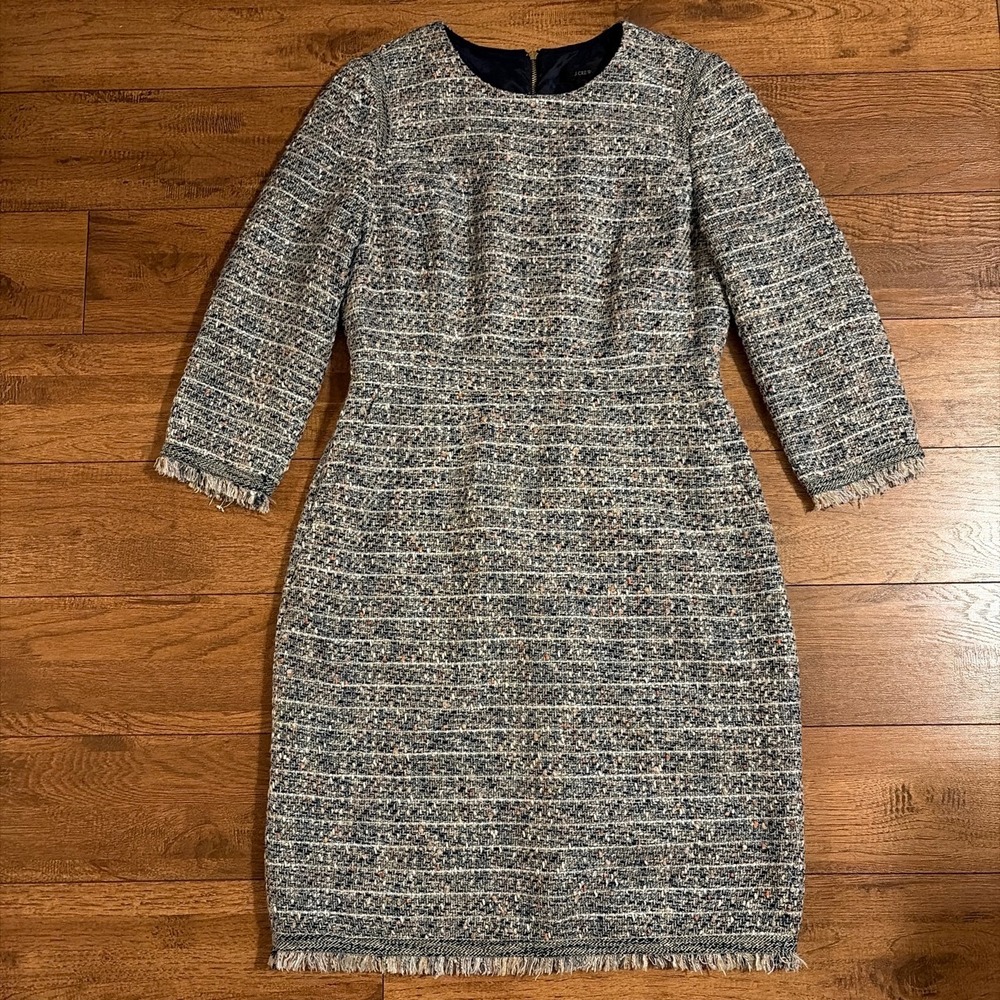J.Crew Womens Tweed Shift Dress Blue Multi 10 Fringe Trim 3/4 Sleeve Workwear
